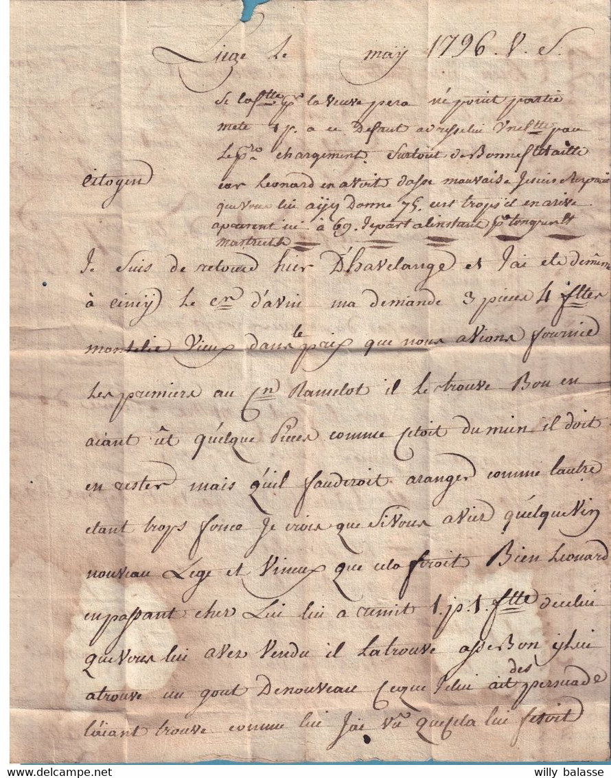 Belgique Precurseur 1796 Lettre Marque 96/LIEGE + En Rouge "en Numéraire" + 20 Pour Beaune Rare - 1794-1814 (Période Française)