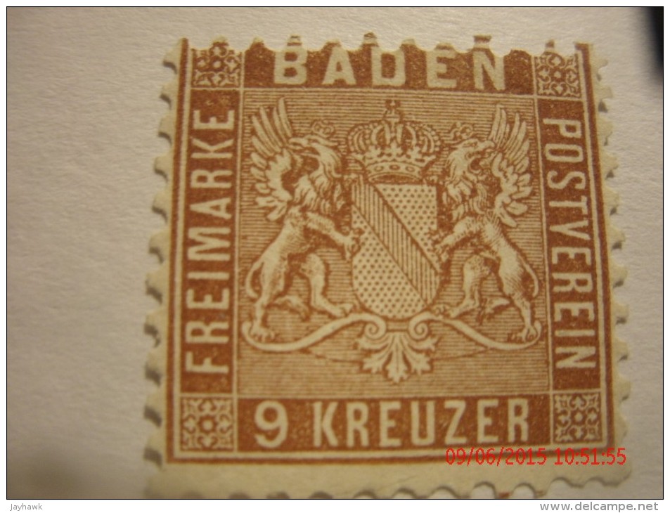 BADEN, 1862, MICHEL# 15 OR SCOTT# 17,  9 KR  BROWN, UNUSED NG - Postfris