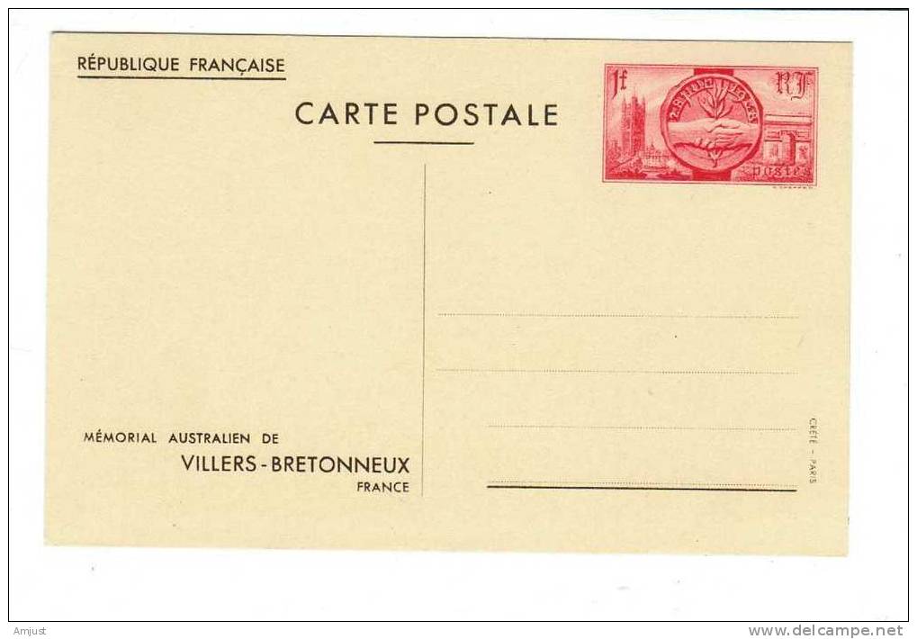 Entier Postal Neuf (Mémorial Australien De Villers-Bretonneux) - Cartes Postales Types Et TSC (avant 1995)