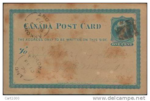 CANADA POST CARD ONE CENT 1879 FROM ARKONA TO HAMILTON ONTARIO - 1860-1899 Règne De Victoria