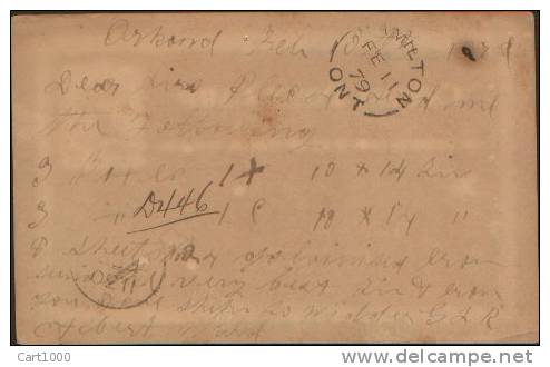 CANADA POST CARD ONE CENT 1879 FROM ARKONA TO HAMILTON ONTARIO - 1860-1899 Reign Of Victoria