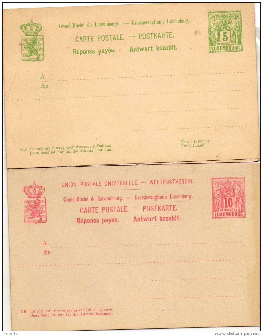LOT 299 - LUXEMBOURG : 2 X ENTIERS CARTE POSTALE NEUVE AVEC REPONSE PAYE 5 Et 10 Cts - Stamped Stationery