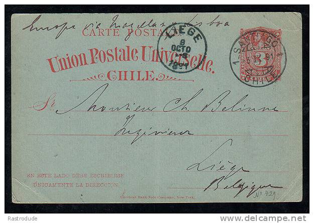 CHILE 1891 3 Ctvs. Postal Stationery Card To Belgium - Chile