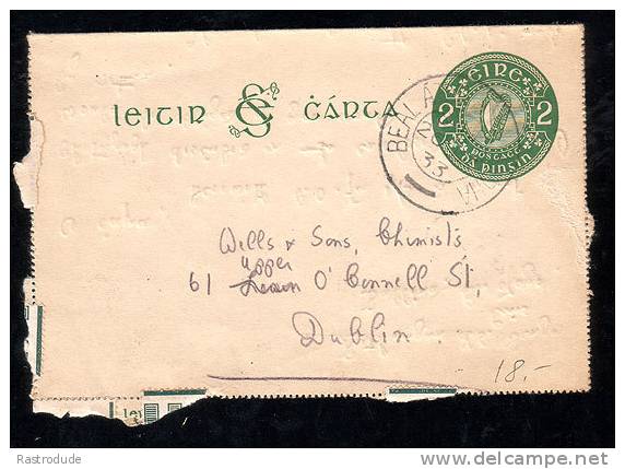 IRELAND 1933 2d Postal Stationery Card USED To Dublin - Postal Stationery