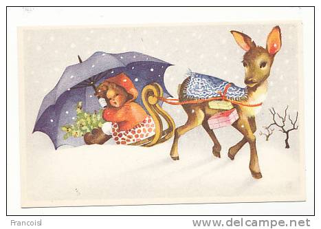 Petite Fille Sur Une Luge Tirée Par Une Biche, Houx, Parapluie, Cadeaux. Coloprint 4615 - Nouvel An