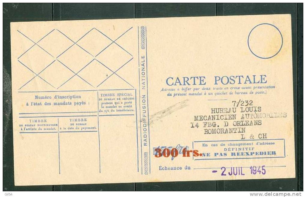 Carte Postale Mandat Radiodiffusion ,  Bourges , De 1945  ( Scan Recto - Verso ) - Phi88 - France Radiodiffusion