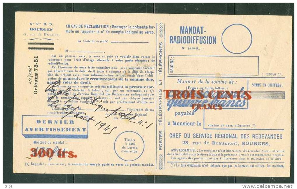 Carte Postale Mandat Radiodiffusion ,  Bourges , De 1945  ( Scan Recto - Verso ) - Phi88 - France Radiodiffusion