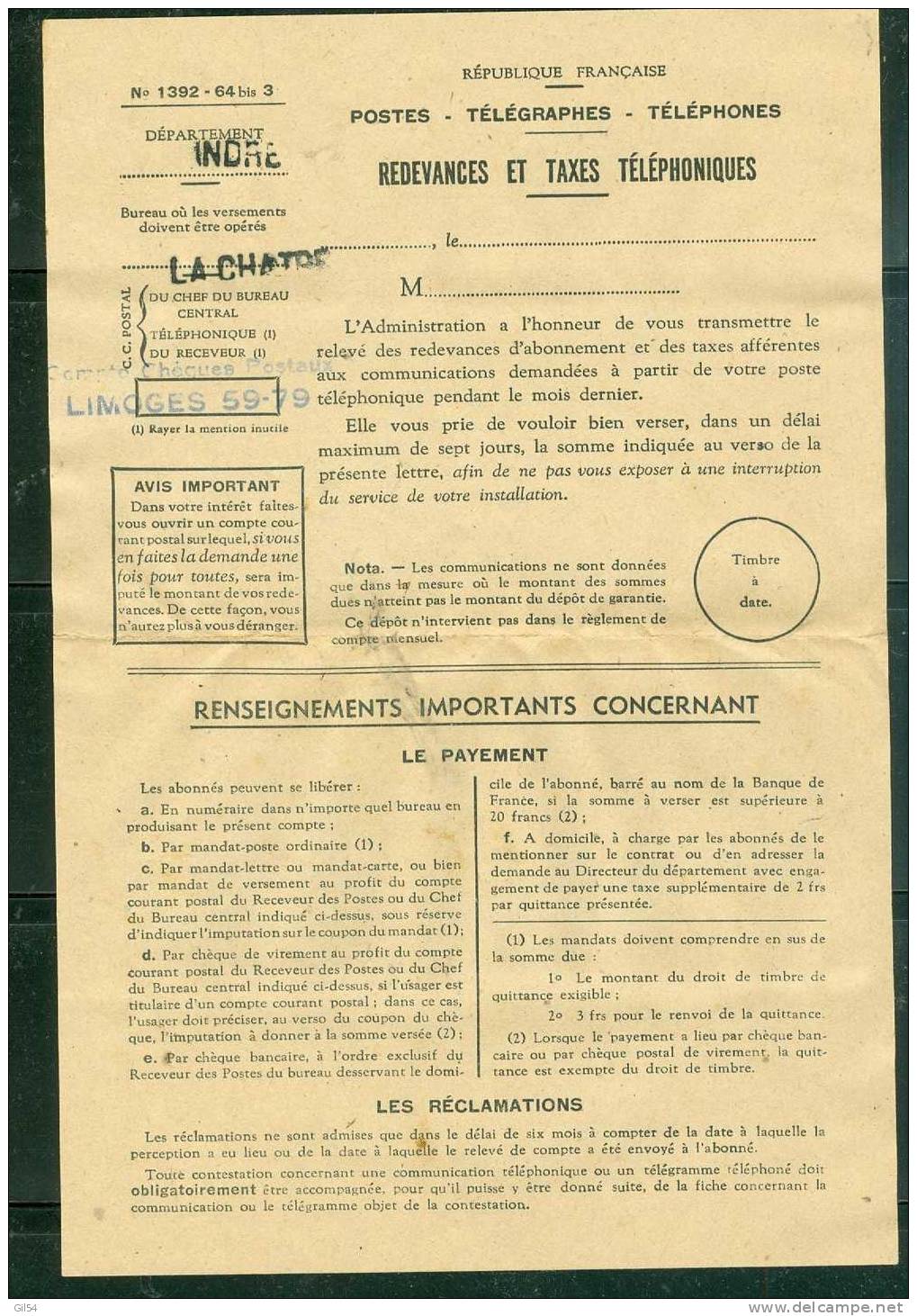 Lettre PTT , Obli La Chatre Indre Contenant 10 Tickets Teléphone + FACTURE Téléphone En 1949 - Telegraphie Und Telefon