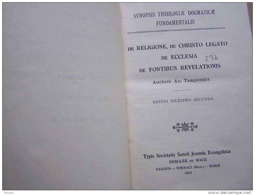 N°663 1. LATIN TANQUEREY -1927 - SYNOPSIS THEOLOGIAE DOGMATICAE FUNDAMENTALIS- - Cultura