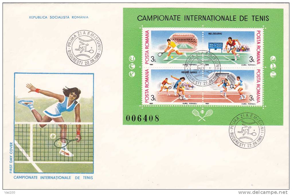 ROMANIA,1988,BLOCKS TENNIS ,Melbourne, Roland Garros,cover 1X FDC Premier Jour. - Tennis