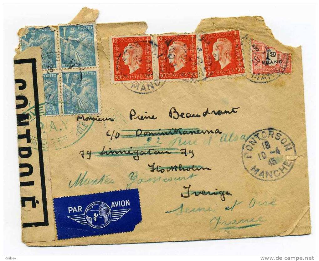 Lettre Par Avion Avec Censure Militaire : De PONTORSON MANCHE à STOCKHOLM SUEDE - 10 04 1945 - 1960-.... Cartas & Documentos