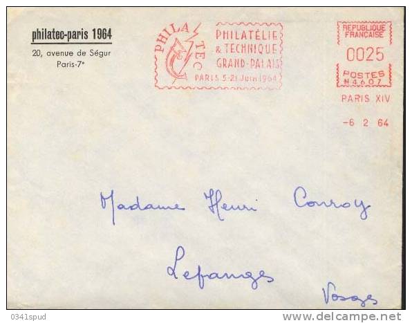 1964  France  75 Paris  Ema  Philatec Sur Enveloppe - EMA (Printer Machine)