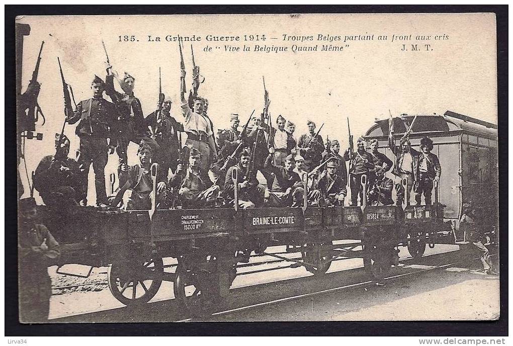 CPA  ANCIENNE- BELGIQUE- MILITARIA- GUERRE 1914- TROUPES BELGE PARTANT AU FRONT SUR UN WAGON PLATE-FORME-SUPER ANIMATION - Braine-le-Comte