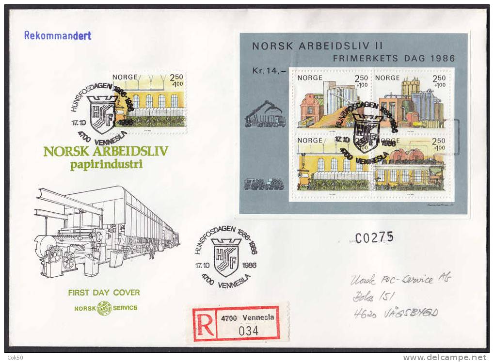 NORWAY FDC 1986 «Paper Industry». Perfect, Cacheted And Registered Cover (see Descript.) - FDC