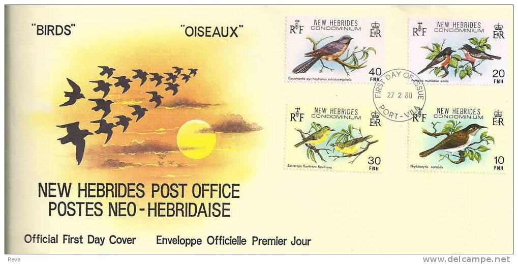 FRANCAISE NEW HEBRIDES  FDC BIRD BIRDS  SET OF 4 STAMPS 10-40 FR DATED 27-02-1980 CTO  SG? READ DESCRIPTION !! - Otros & Sin Clasificación