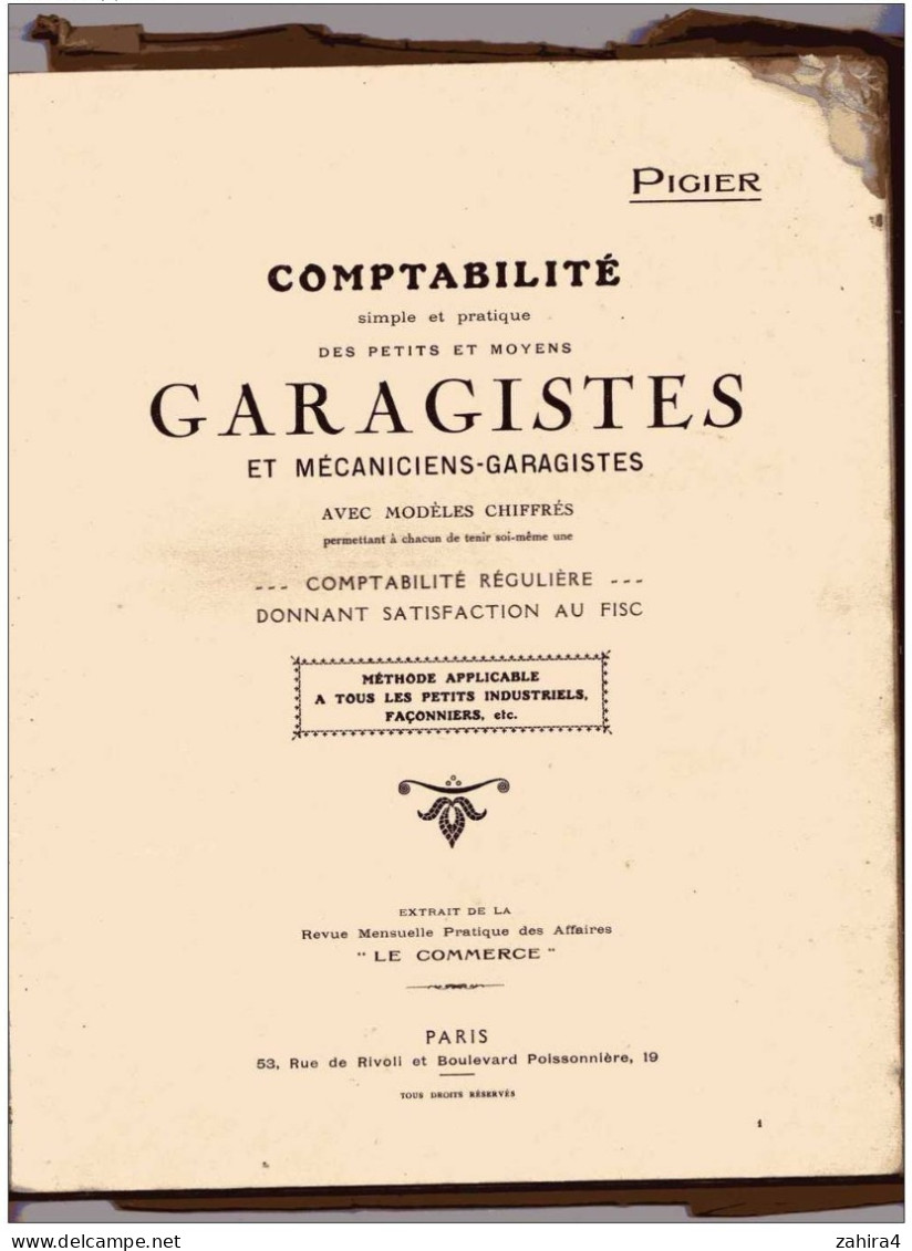 PIGIER - Comptabilité Petits Et Moyens GARAGITES Et Mécaniciens-Garagistes - Paris - Bd Poissonniere - Contabilidad/Gestión