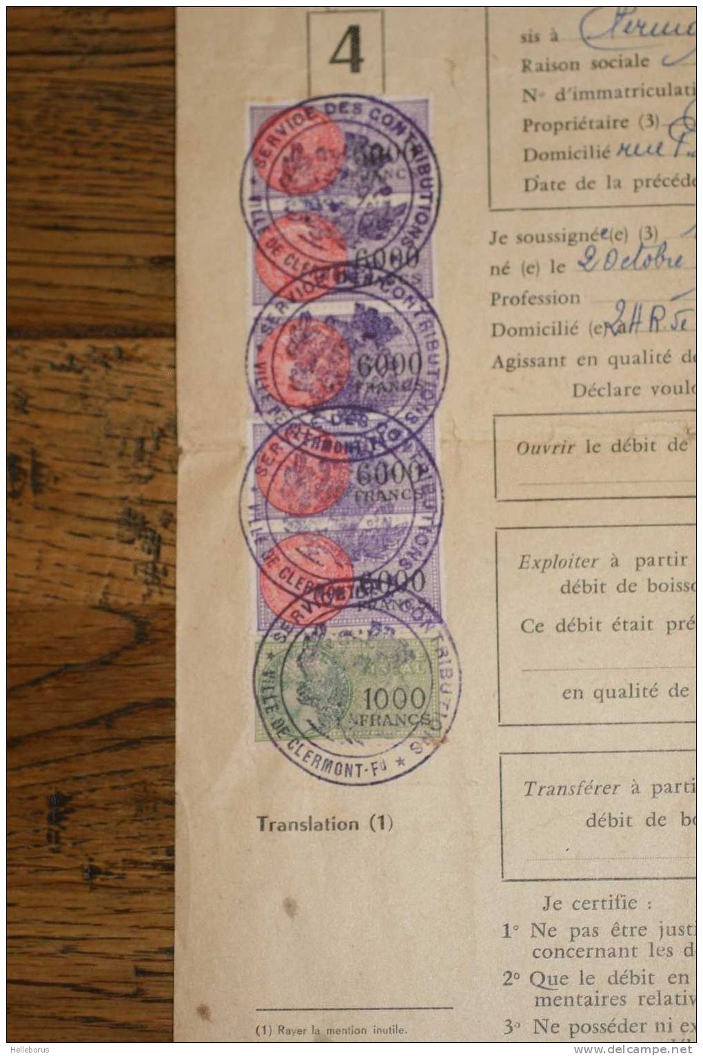 TRES RARE - DAUSSY 6000F N°YT317 - CLERMONT FERRAND Puy De Dôme 5 Exemplaires Sur Document Débit De Boissons De 1958 - Autres & Non Classés
