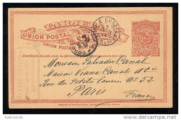 URUGUAY 1894 3 Cts. Postal Stationery Card To France - Uruguay