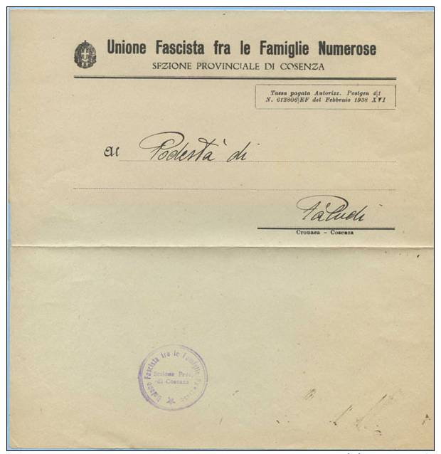 STORIA POSTALE 1938 PIEGO FRANCHIGIA INTESTAZIONE UNIONE FASCISTA FAMIGLIE NUMEROSE E TIMB...(VEDI DESCRIZIONE) (DC2685) - Marcofilía