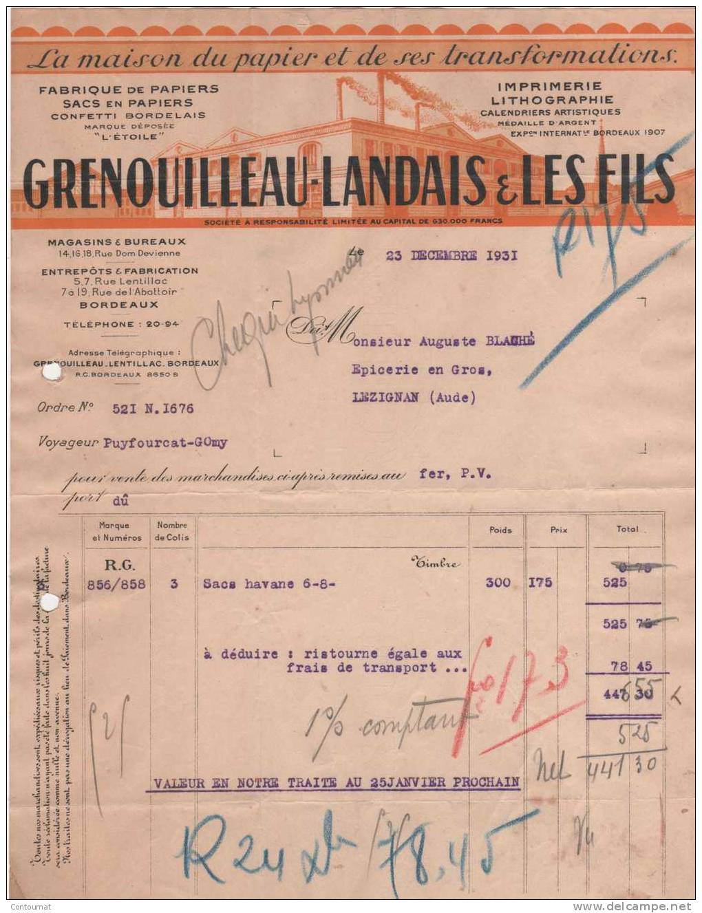 33 FACTURE FABRIQUE DE PAPIERS  Marque " L'ETOILE "  GRENOUILLEAU - LANDAIS à BORDEAUX 1931 -- R4 - Imprimerie & Papeterie