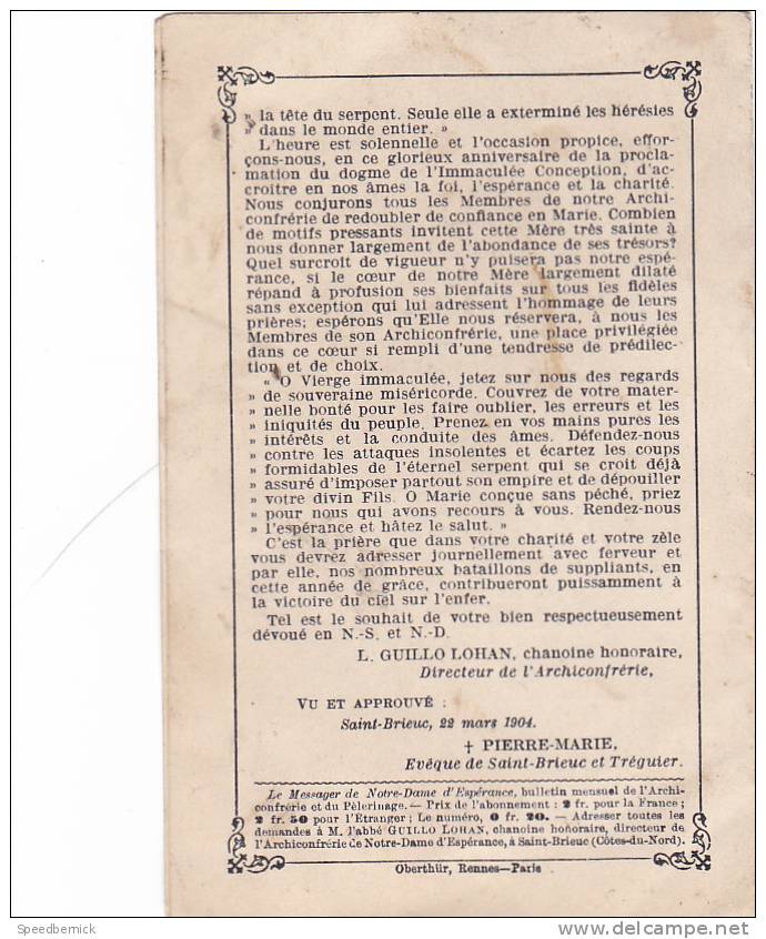 17956 Saint Brieuc. Souvenir De ND D'espérance.1904. Pix 10 ; Prière De Guillo Lohan , Chanoine - Saint-Brieuc