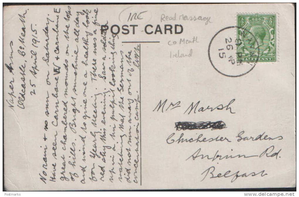 # LOUGHCREW OLD CASTLE COUNTY MEATH NAVAN 1915 POSTMARK IRISH IRELAND POSTCARD USED GERMAN CONCENTRATION MESSAGE - Meath