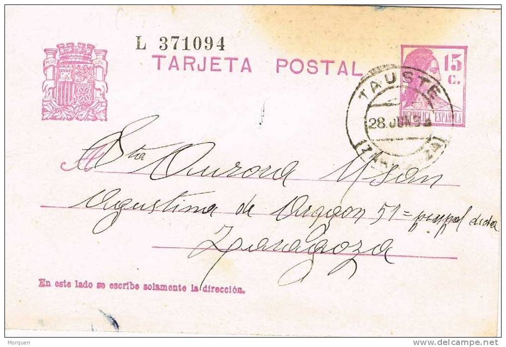 Entero Postal TAUSTE (Zaragoza) 1933. Republica - 1931-....