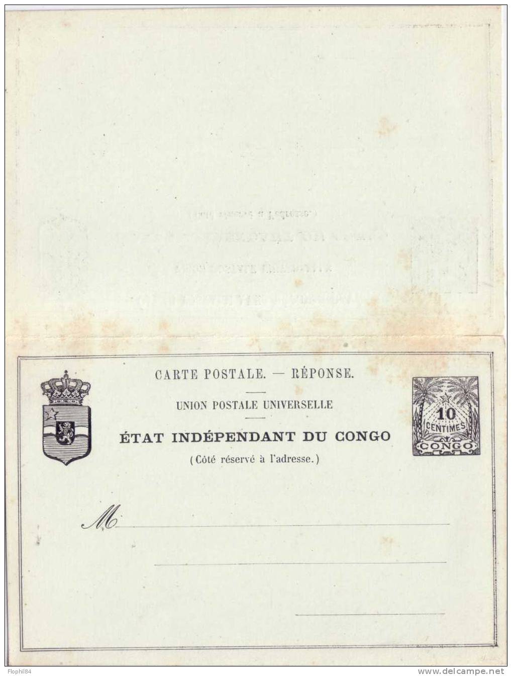 ETAT INDEPENDANT DU CONGO-CARTE A 15c AVEC REPONSE PAYEE A 10c - ROUSSEURS. - Interi Postali