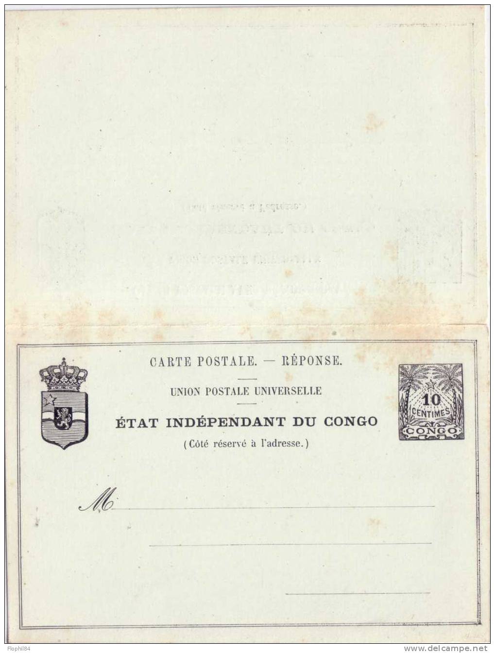 ETAT INDEPENDANT DU CONGO-CARTE A 15c AVEC REPONSE PAYEE A 10c - ROUSSEURS. - Stamped Stationery