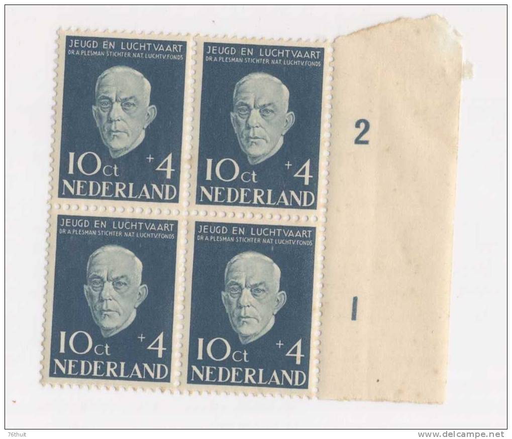 1954 -NEDERLAND PAYS-BAS- PLESMAN- Bloc De 4 Timbres - 10 C + 4 C -bleu - Yvert & Tellier N°625 - Ongebruikt