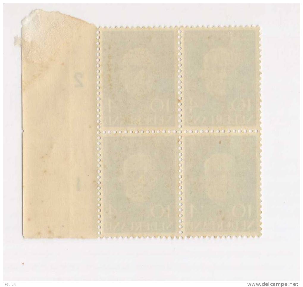 1954 -NEDERLAND PAYS-BAS- PLESMAN- Bloc De 4 Timbres - 10 C + 4 C -bleu - Yvert & Tellier N°625 - Unused Stamps