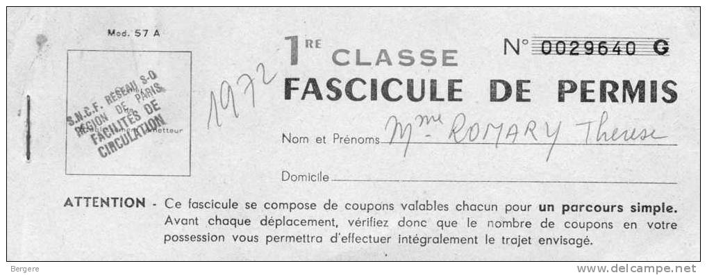 Fascicule De Permis Sncf 1° Classe. Region Sud Ouest. 1972. No 29640 - Autres & Non Classés