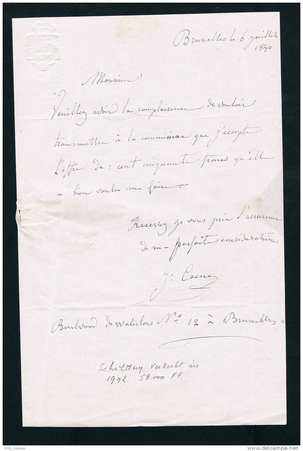 Belgique Precurseur 1840 Lettre Càd BRUXELLES + PP Signée "J COENE" PEINTRE - 1830-1849 (Onafhankelijk België)