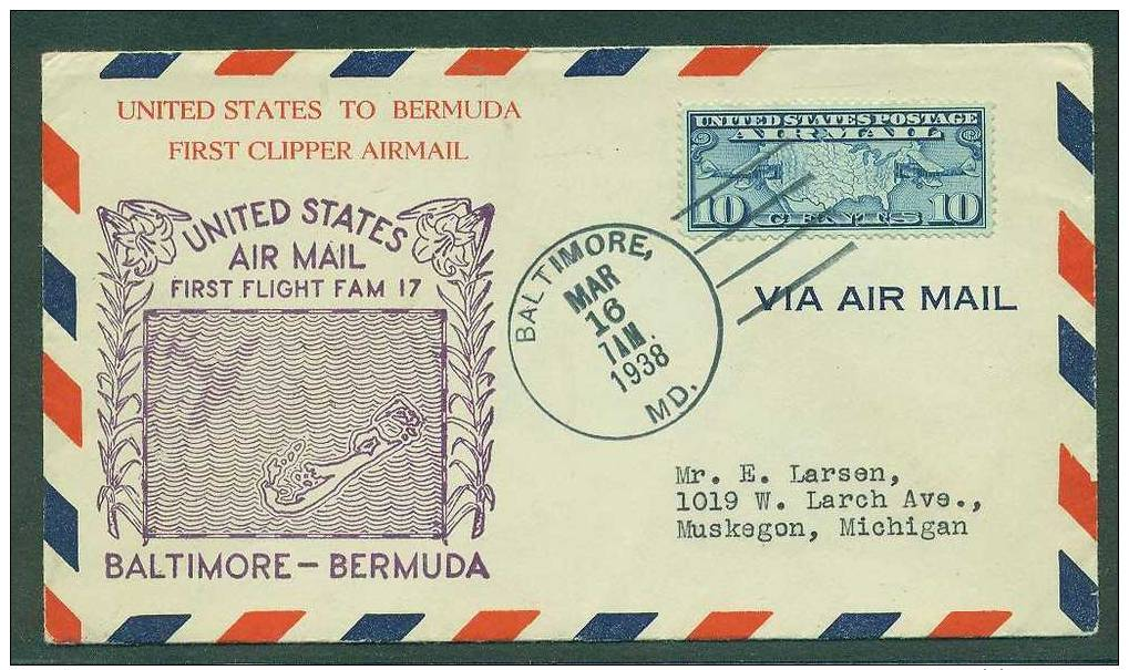 1er Vol Baltimore/ Bermuda 1938  Avec Arrivée - 1c. 1918-1940 Lettres