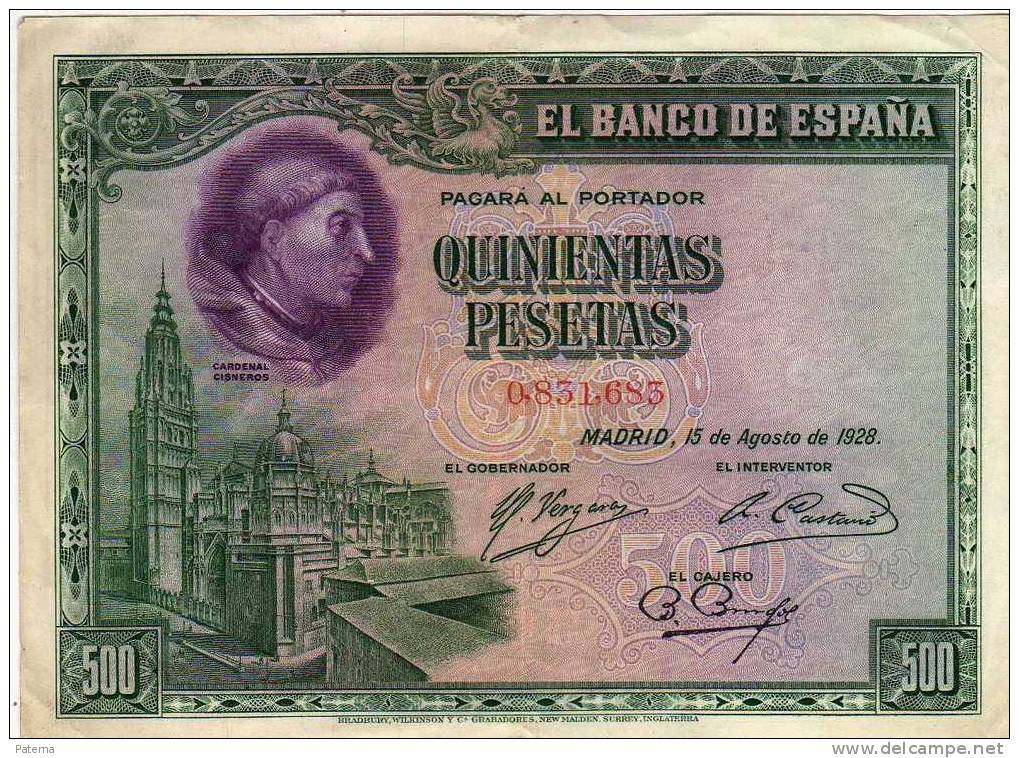 3549   España, Billete De 500 Ptas,1928 Cardenal Cisneros - 500 Pesetas