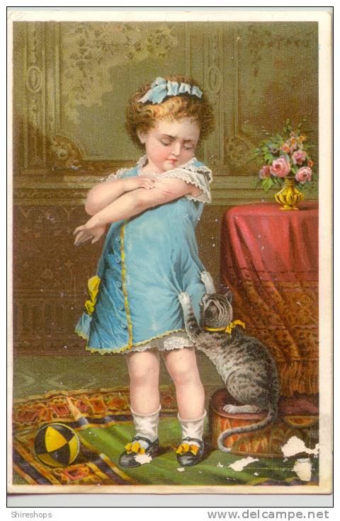 Ad Card Advertising Naughty Puss Chas Faust Jaynes Tonic Vermifuge Cincinnati Ohio Child Girl With Cat Kitty Kitten - Advertising