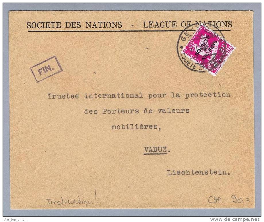 Schweiz SdN Sociétéde Nation 1936-01-02 Genève 20 Rp. Brief Nach Vaduz Liechtenstein Seltene Destination - Officials