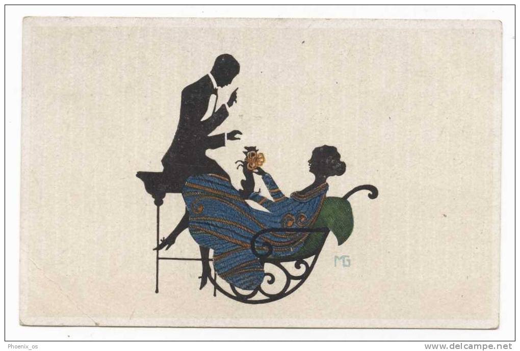 SILHOUETTE - Lady, Gentleman, Dog, Sign. M G, 1922. - Scherenschnitt - Silhouette