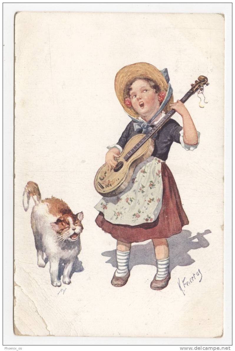 KARL FEIERTAG - Girl, Guitar, Cat, 1921. - Feiertag, Karl