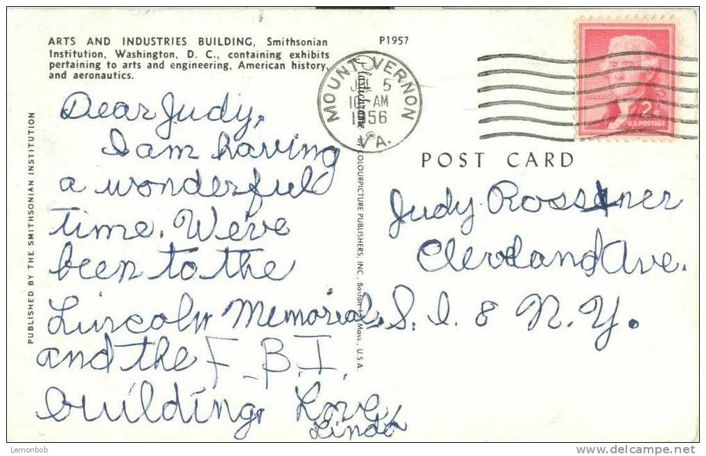 USA – United States – Washington DC –  Arts And Industries Building - Smithsonian Institution - 1956 Used Postcard [P300 - Washington DC