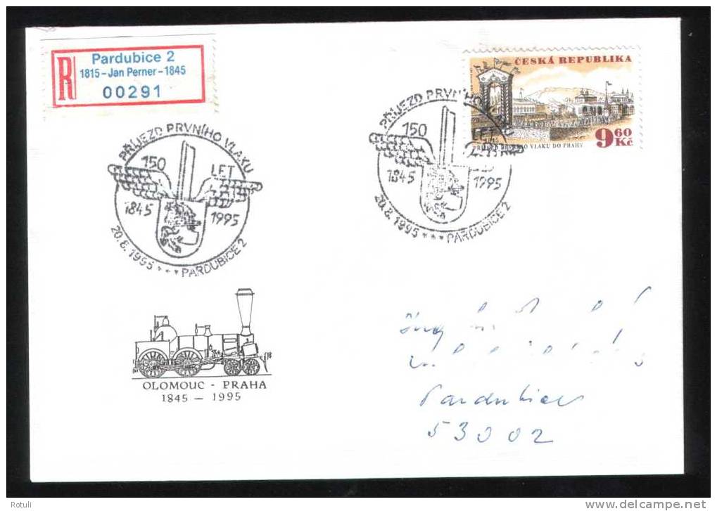 Czech Republic - 1995 Registered Cover Pardubice Cancel 150th Anniversary Railway Olomouc - Prague - Covers & Documents