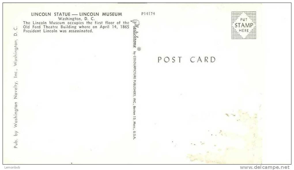 USA – United States – Washington DC – Lincoln Statue – Lincoln Museum - Old Unused Postcard [P3028] - Washington DC