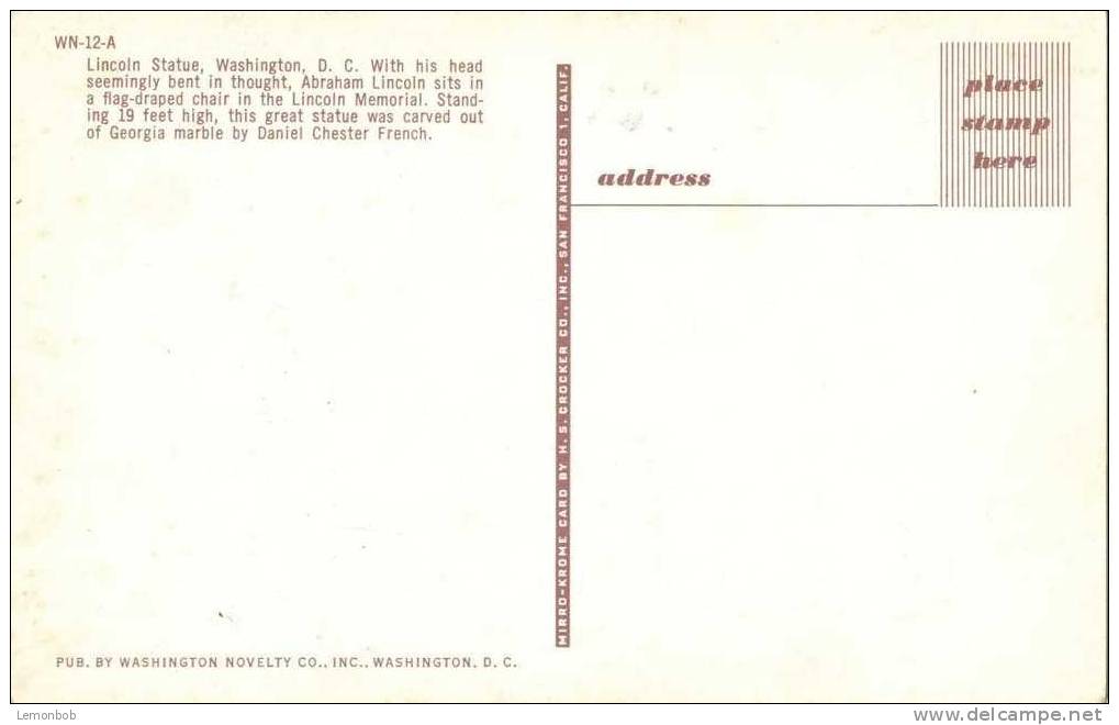 USA – United States – Washington DC - Lincoln Statue - 1950s Unused Chrome Postcard [P3030] - Washington DC