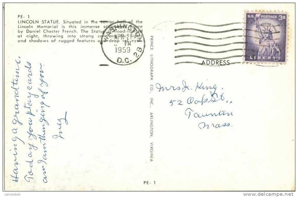 USA – United States – Washington DC – Lincoln Statue - 1959 Used Chrome Postcard [P3032] - Washington DC