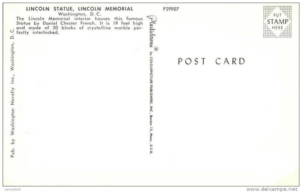 USA – United States – Washington DC – Lincoln Statue - 1950s Unused Chrome Postcard [P3034] - Washington DC