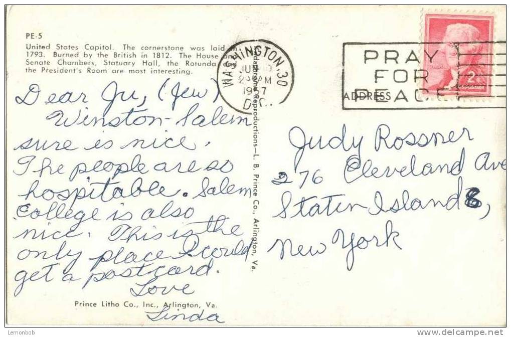 USA – United States – Washington DC – The Capitol - 1957 Used Postcard [P3039] - Washington DC