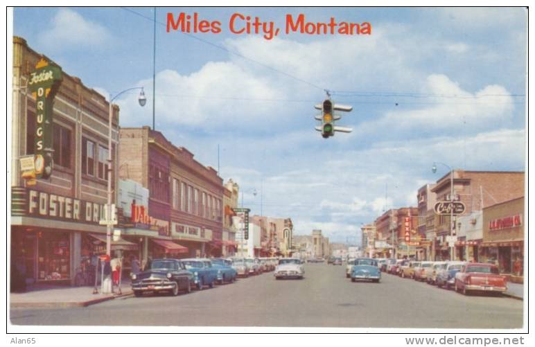 Miles City MT Montana, Main Street Chrome Street Scene, Autos, Drug Store, Cafe, Mail Box, 1950s Vintage Postcard - Miles City