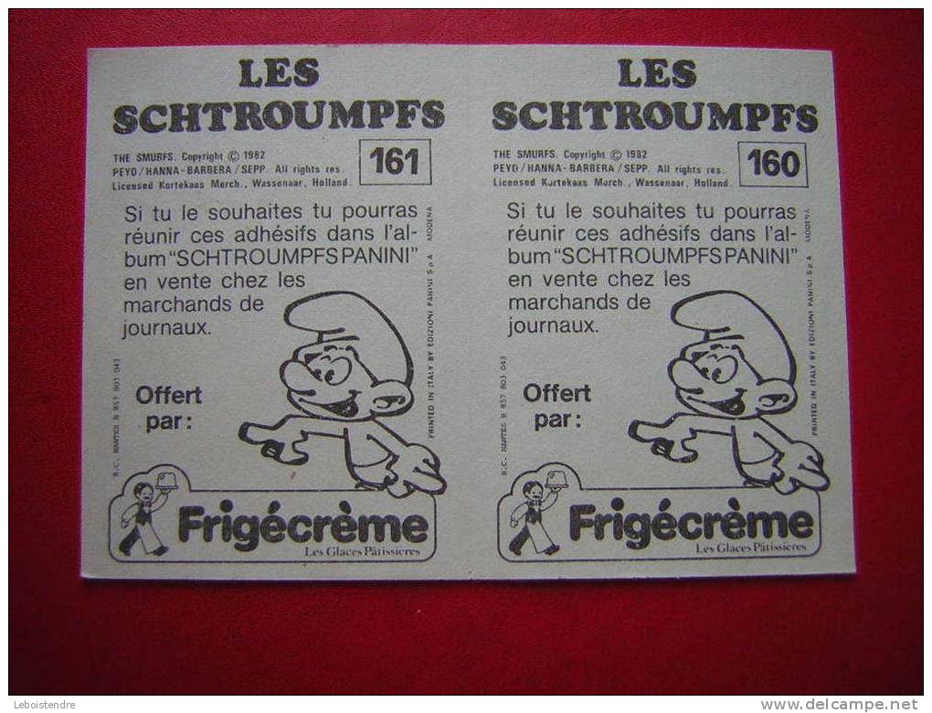 2 AUTOCOLLANTS OFFERT PAR FRIGECREME -LES  SCHTROUMPFS / SCHTROUMPF N° 161 - 160 -PHOTO RECTO / VERSO - Autocollants