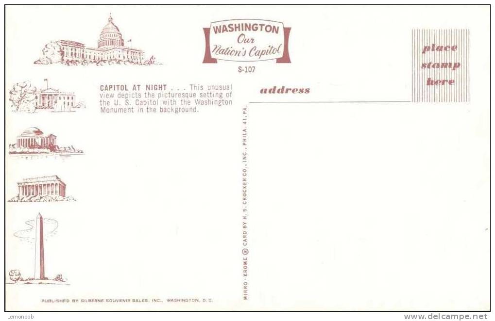 USA – United States – Washington DC – Capitol At Night - Old Unused Chrome Postcard [P3041] - Washington DC