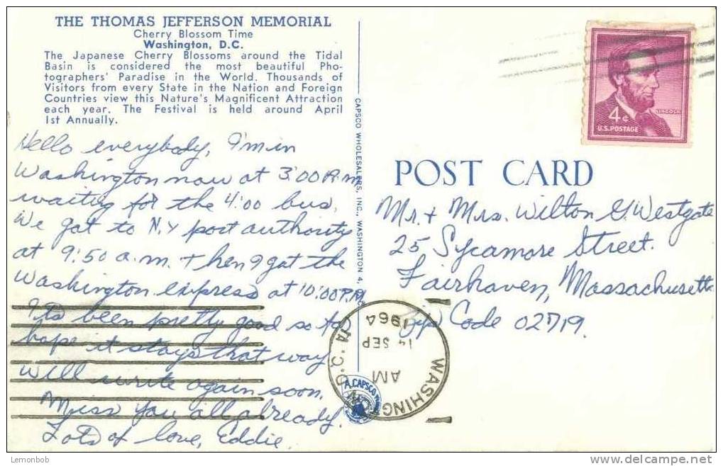 USA – United States – Washington DC –Thomas Jefferson Memorial - 1964 Used Postcard [P3048] - Washington DC